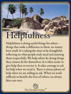 a card with an image of a beach and palm trees in the background that says helpfulness