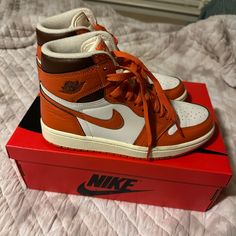 Worn One Time. Like New. Comes With Box Jordan 1 Starfish, Jordan Orange, Starfish Colors, Shoes Jordan 1, Shoes Jordan, Jordans Women, Womens Jordans, Orange Brown, Brown Orange