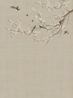 birds are flying around the branches of a tree in front of a beige background with white flowers