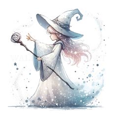 a drawing of a girl dressed as a wizard holding a wand and wearing a hat