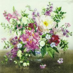 a painting of flowers in a glass vase on a brown tablecloth with white and pink flowers