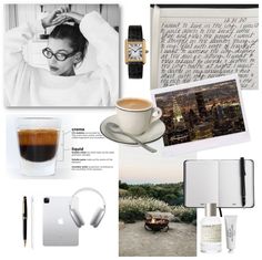 a collage of various items including an apple watch, notebook and coffee