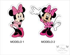 minnie and mickey mouse stickers are shown in two different sizes, one with pink polka dots