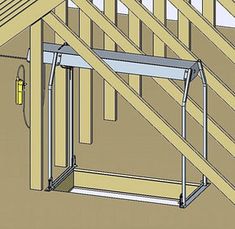 a drawing of a room with wooden walls and metal bars on the ceiling, along with an electrical outlet attached to the wall