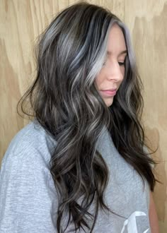 Dark Ashy Brown With Highlights, Mushroom Brown Hair With Silver Highlights, Dark To Gray Hair, Hair Darker Underneath, Silver Grey Highlights On Brown Hair, Cool Brown Hair With Icy Highlights, Blending Greys With Highlights, Lived In Grey Hair, Black Hair Ash Brown Highlights