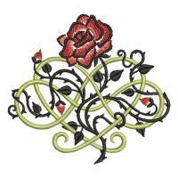 an embroidered rose with vines and hearts on it's center piece, in the shape of a celtic knot