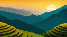 an abstract painting of mountains and hills with the sun setting in the sky behind them