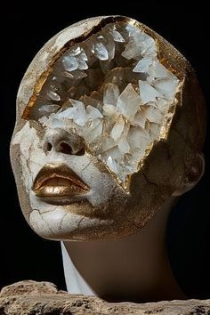 a woman's head with white and gold face paint, surrounded by crystal crystals