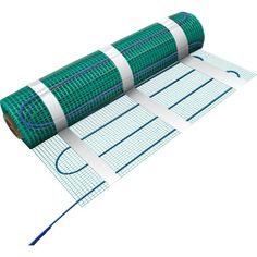 a roll of green and white paper on top of a blue wire mesh sheet with two lines