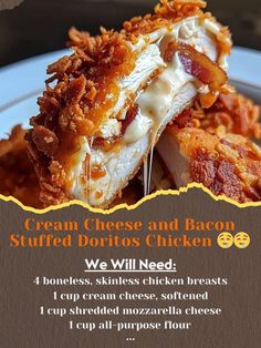 a menu for an appetizer with bacon, cheese and bacon stuffed doritos chicken