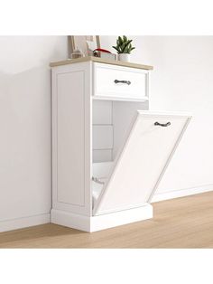 a white cabinet with an open door on the bottom and one drawer in the middle