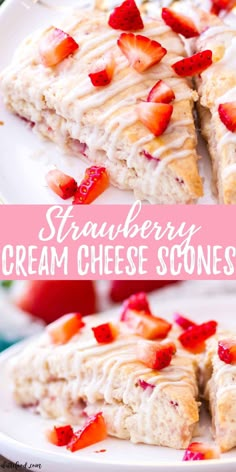 strawberry cream scones on a white plate with strawberries in the background and text overlay