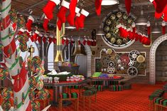 a room decorated for christmas with stockings and candy canes hanging from the ceiling in front of a large clock