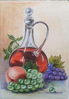 a drawing of a glass jug and grapes