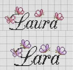 two cross stitch designs with the word love and butterflies on them, both in pink and purple