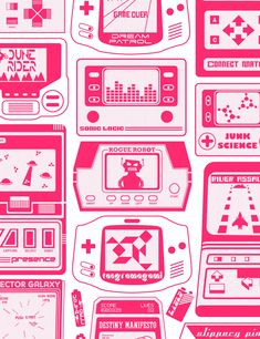 a bunch of old school video game controllers and games on display in pink paper cutouts