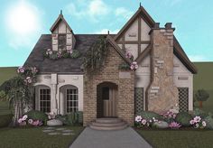 a rendering of a brick house with flowers on the front door and windows above it