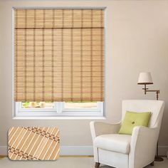 a living room with a chair, lamp and window covered in bamboo blind shades on the windowsill