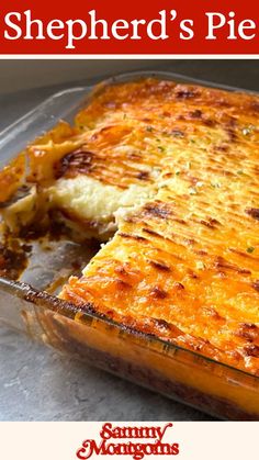 there is a casserole dish with cheese on it and the words shepherd's pie above it