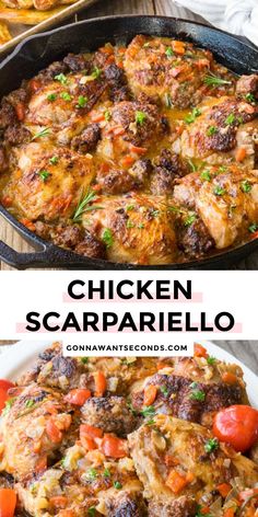 chicken scarparello in a skillet with tomatoes and parsley