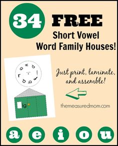 a poster with the words,'34 free short vowe word family houses just print, laminate and assemble