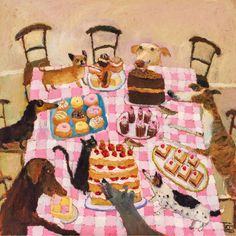 a painting of dogs and cakes on a table