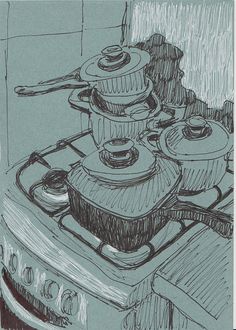 a drawing of pots and pans sitting on top of a stove