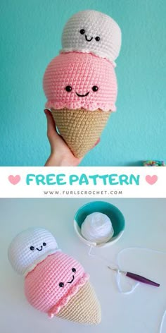 two crocheted ice cream cones with faces on them, one is pink and the other is white