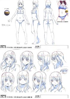 an anime character's body is shown with various poses and expressions, as well as the