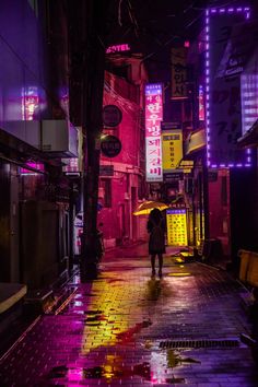 a person with an umbrella walks down the street in the rain under neon lights at night