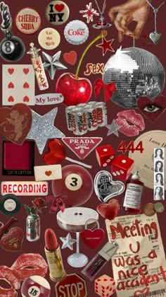 a collage of various stickers and magnets on a red background with the words,