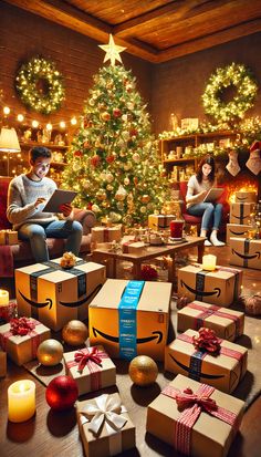 two people sitting in front of christmas trees with boxes on the floor and presents around them