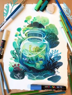 a drawing of a fish in a glass bowl surrounded by plants and other art supplies