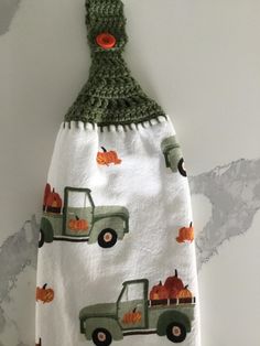 This cotton kitchen towel is folded in half and hand crocheted on the fold with green acrylic yarn and closed with a orange button to make a nice thick double hanging towel. A nice gift for someone or would look great hanging in you kitchen this fall. Crochet Kitchen Towels, Double Kitchen, Green Truck, Crochet Fall, Crochet Kitchen, Hanging Towels, The Fold, Kitchen Tea Towels, Kitchen Tea