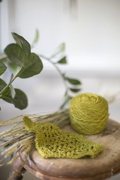 a green ball of yarn sitting on top of a wooden table next to a plant