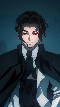 an anime character with red eyes wearing a black coat and white shirt, standing in front of a dark background