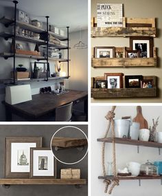 four different shelves with pictures on them and photos hanging from the top, along with other items