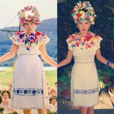 two women in dresses with flowers on their heads, one wearing a flower crown and the other wears a dress