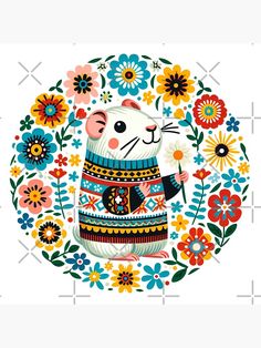 a white cat holding a flower bouquet in its paws and wearing a sweater with flowers around it