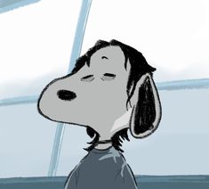 a drawing of a dog with his eyes closed looking up at something outside the window