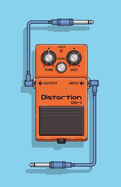 an orange and black guitar pedal sitting on top of a blue background with the words distortion over it