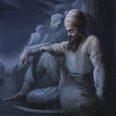 a painting of a man sitting on the ground