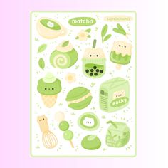 a green sticker sheet with lots of different things on it and the words matcha written