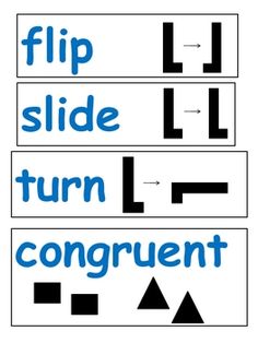 three different types of letters and numbers with the words flip slide turn congruent