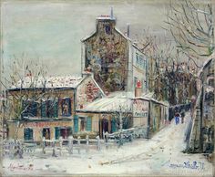 a painting of a snowy street scene with buildings and people walking on the sidewalk in front of it