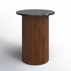 a round table with a black marble top and wooden slats on the bottom, in front of a white background