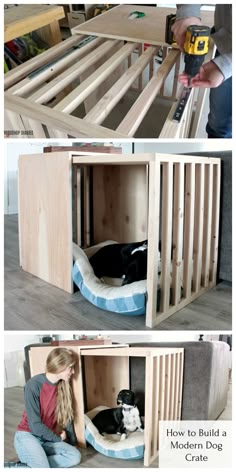 two pictures show how to build a modern dog crate with the help of an expert woodworker