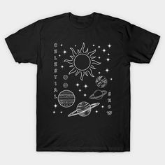 the solar system with stars and planets on black t - shirt, front print design