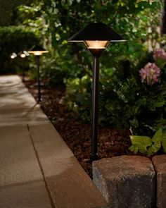 an outdoor path light is lit up at night