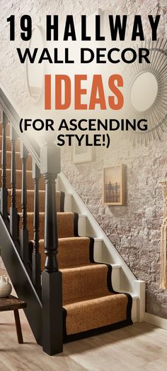 19 hallway wall decor ideas for ascending style, wooden flooring with black bannister and cream carpet stair runner with black border, the wall decor featuring a series of frames and round mirrors on ascending on the stairs. Idea For Stairs Wall, Basement Stairs Decorating Ideas, Wall Decor Stairs Stairways, Unique Stairway Wall Decor, Ideas For Upstairs Landing Area, Beautiful Entrance Halls, Mirror On Landing Stairs, Tall Entryway Wall Decor Ideas, Stair Well Decor Ideas